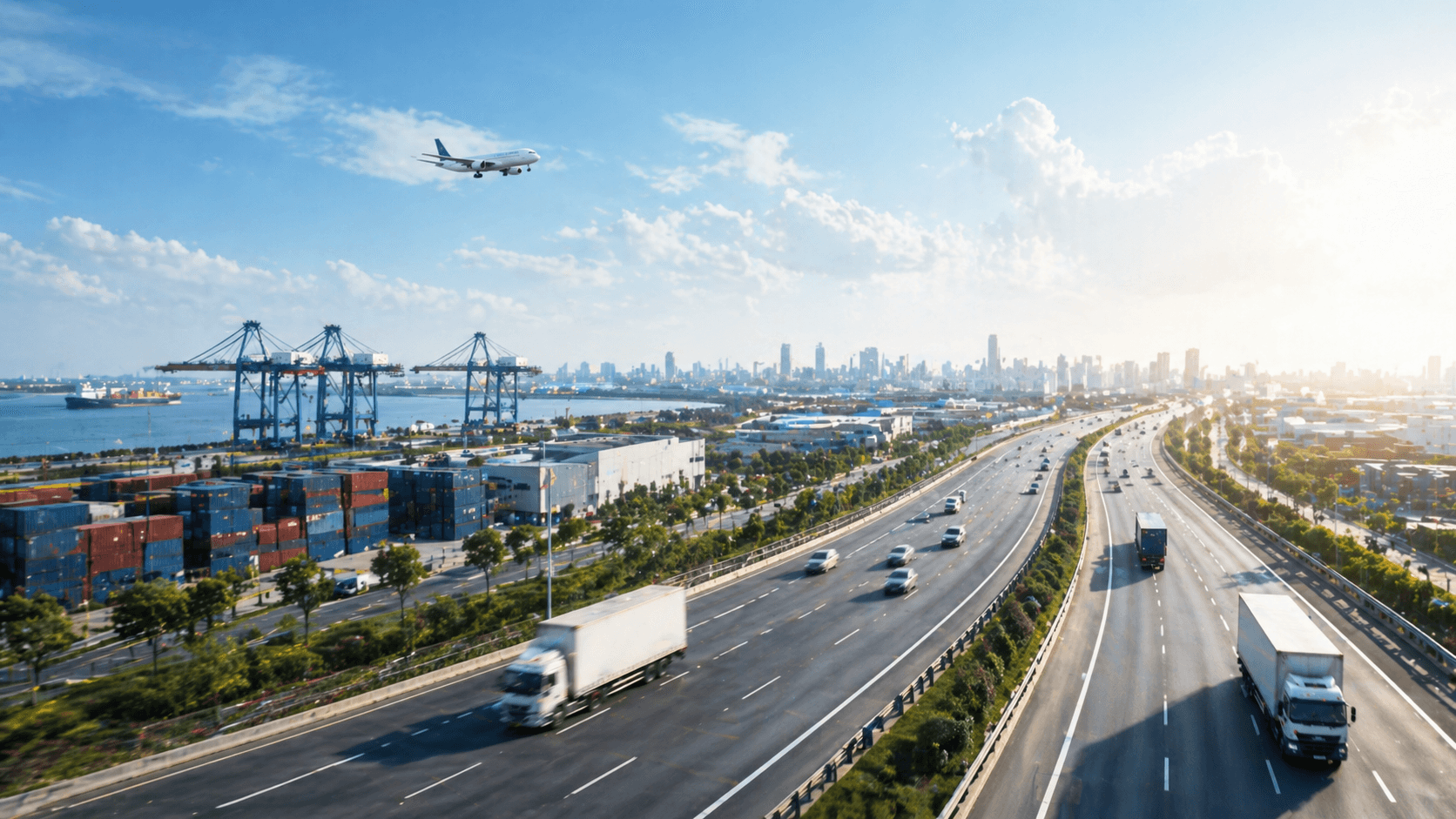 Busy highway with trucks, a shipping port, and an airplane over a city skyline.